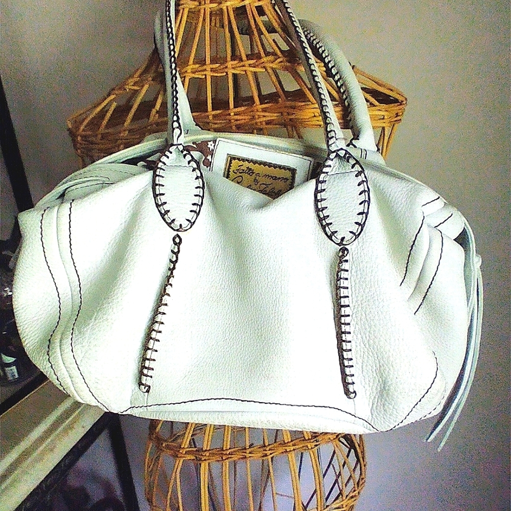 Carlos Falchi Satchel White Leather Shoulder Bag with Braided Details